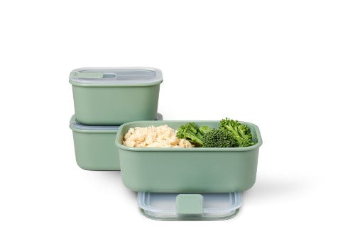 Easyclip 3 Piece Set in Nordic Sage; airtight sealing, microwave-safe, stackable design for efficient meal prep and storage.