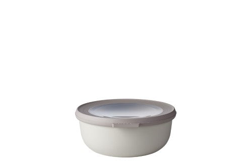Cirqula Round 750ml Nordic White bowl by Mepal, featuring an airtight lid and transparent window for easy food visibility.