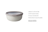 Cirqula Round 750ml Nordic White bowl by Mepal, featuring airtight lid, transparent window, and durable, stackable design.