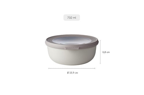 Cirqula Round 750ml Nordic White bowl by Mepal, microwave-safe, airtight, durable, stackable, and BPA-free for versatile food storage.
