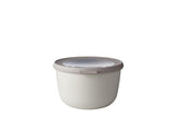 Mepal Cirqula Round 1000ml bowl in Nordic White, features airtight lid, transparent window, and is microwave, freezer, and dishwasher safe.