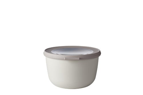 Mepal Cirqula Round 1000ml bowl in Nordic White, features airtight lid, transparent window, and is microwave, freezer, and dishwasher safe.