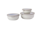 Cirqula Round 3-Piece Set in Nordic White, featuring airtight lids, stackable design, and indestructible materials for food storage.