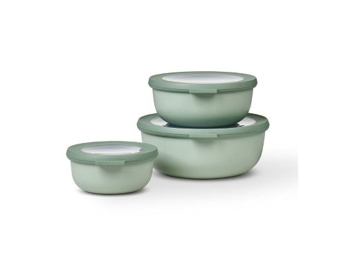 Stylish 3-piece bowl set in Nordic Sage, eco-friendly, airtight, stackable, microwave-safe, perfect for food storage.