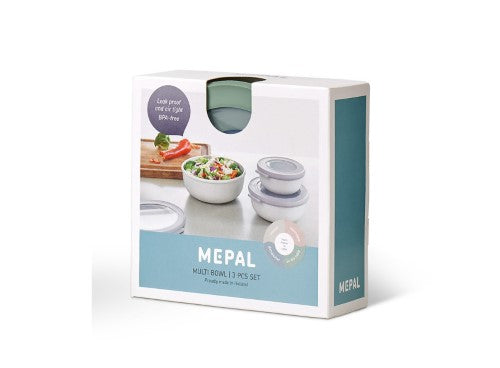 Cirqula Round Small Set of 3 bowls in Nordic Sage, eco-friendly, stackable, airtight, leak-proof, microwave and dishwasher safe.