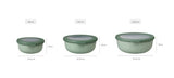 Cirqula Round Small Set of 3 eco-friendly bowls in Nordic Sage, featuring airtight lids, stackable design, and microwave-safe functionality.