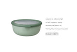 Cirqula Round Small Set of 3 bowls in Nordic Sage, eco-friendly, stackable, leak-proof with transparent lids for easy viewing.