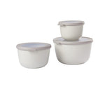 Cirqula Round Large Set by Mepal in Nordic White, featuring stackable, airtight, and microwave-safe bowls for versatile food storage.