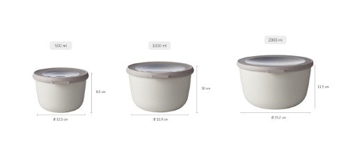 A set of three large, stackable Nordic white food storage bowls with airtight lids and transparent windows for stylish meal prep.