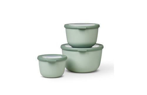 Cirqula Round 3-piece set in Nordic Sage for stylish, durable meal storage; BPA-free, airtight, stackable, and microwave safe.