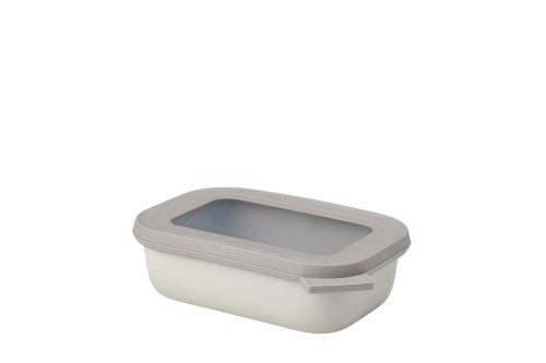 Cirqula Rectangle 500ml bowl in Nordic White with transparent lid, airtight, stackable, and suitable for microwave, fridge, and freezer.