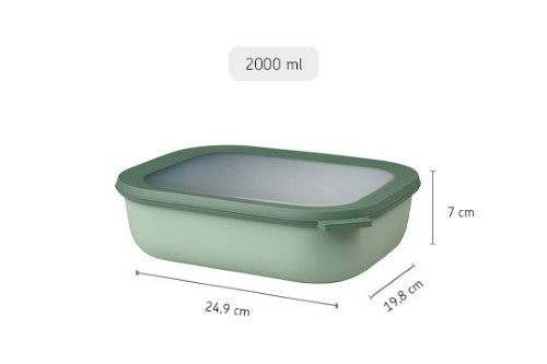Cirqula Rectangle 2000ml bowl in Nordic Sage, featuring airtight lid, durable design, and stackable storage for food freshness.