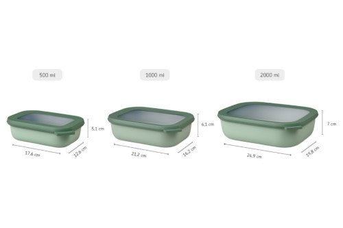 Cirqula Rectangle Small Set - 3 stackable, BPA-free bowls in Nordic Sage with airtight lids for food storage and serving.