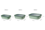 Cirqula Rectangle Small Set - 3 stackable, BPA-free bowls in Nordic Sage with airtight lids for food storage and serving.
