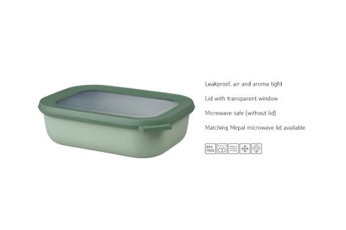 Mepal Cirqula Rectangle Small Set in Nordic Sage, 3 airtight bowls with transparent lids, perfect for food storage and serving.