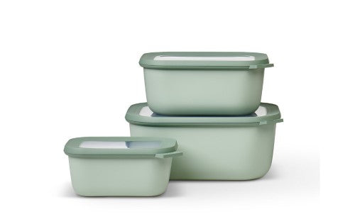 Cirqula Rectangle Large Set in Nordic Sage, 3 stackable and nestable storage bowls with airtight lids for meal prep and serving.