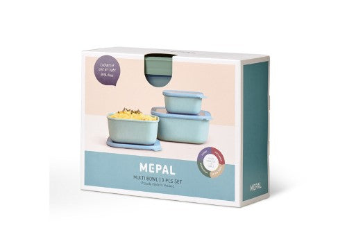Set of three Nordic Sage storage bowls by Mepal, leak-proof, stackable, microwave-safe, featuring transparent windows for easy viewing.