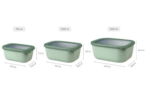 Cirqula 3-piece storage bowl set in Nordic Sage, featuring airtight lids, stackable design, and desiged for versatile kitchen use.