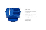 Vibrant blue bento box with two compartments and removable tray for versatile meal prep, microwave-safe and BPA-free.