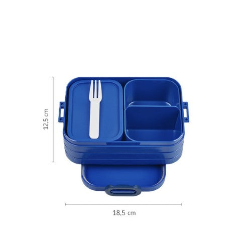 Vibrant blue Bento Box Midi by Mepal with two compartments and removable tray, perfect for versatile meal prep on-the-go.