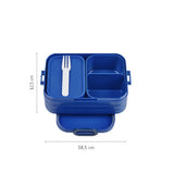Vibrant blue Bento Box Midi by Mepal with two compartments and removable tray, perfect for versatile meal prep on-the-go.