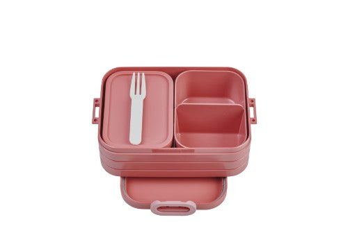 Vibrant mauve bento box with two compartments, fork, microwave-safe tray, perfect for diverse lunches on-the-go.