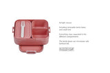 Vivid mauve bento box with two compartments, fork, microwave-safe tray, and BPA-free materials for healthy lunches.