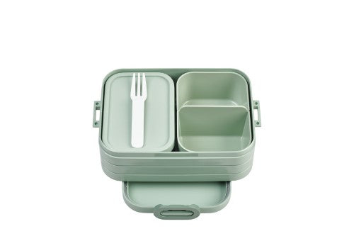 Bento Box Midi in Nordic Sage with two compartments, removable trays, microwave-safe, and BPA-free for stylish meals on the go.