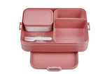 Large Vivid Mauve Bento Box by Mepal featuring two compartments, extra container, and microwave-safe removable tray.