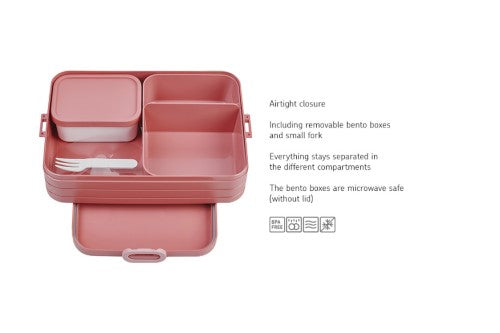 Large Vivid Mauve Bento Box by Mepal featuring two compartments, extra container, and microwave-safe removable tray.