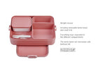 Large Vivid Mauve Bento Box by Mepal featuring two compartments, extra container, and microwave-safe removable tray.