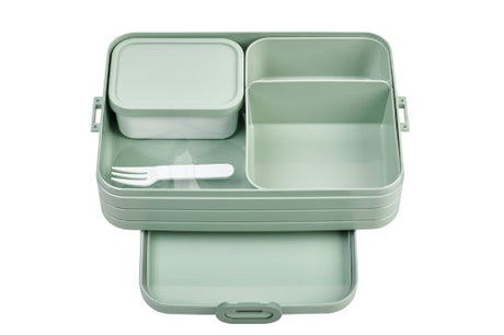 Large Nordic Sage Bento Box by Mepal, featuring two compartments, removable tray, and a fork for versatile, stylish lunches.