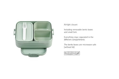 Stylish Nordic Sage bento box with two compartments, removable tray, and fork for versatile, healthy meals on-the-go.