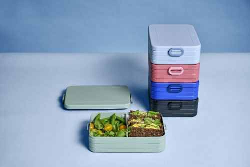 Bento Box Large Nordic Sage by Mepal with two compartments, removable tray, fork, and microwave-safe design for versatile meals.