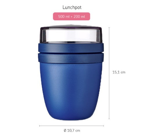 Lunch Pot Ellipse in Vivid Blue with two large compartments for separate meals, leak-free, and microwave/dishwasher safe.