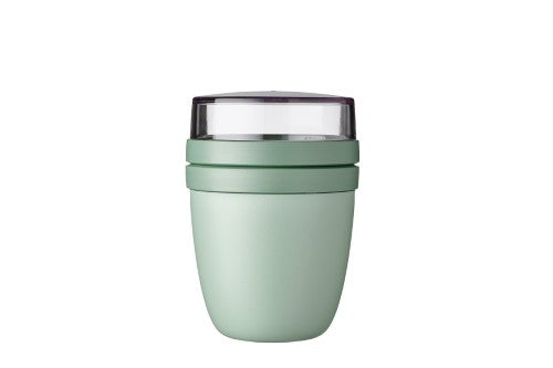 Illustration of Mepal's Lunch Pot Ellipse in Nordic Sage, featuring two separate compartments for snacks and meals, BPA-free design.