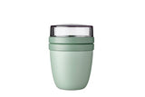 Illustration of Mepal's Lunch Pot Ellipse in Nordic Sage, featuring two separate compartments for snacks and meals, BPA-free design.