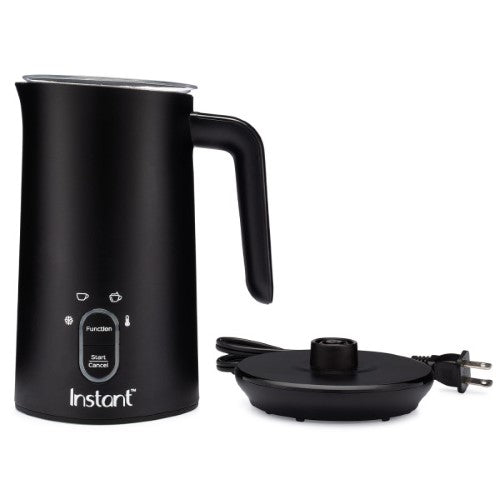 Instant Pot Milk Frother creating rich microfoam for lattes and cappuccinos, featuring 4-in-1 frothing programs and a compact design.