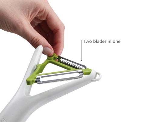 Joseph Joseph Switch 2in1 Peeler featuring stainless-steel blades, ergonomic Y-shape design, and a potato-eye remover.