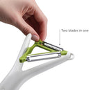 Joseph Joseph Switch 2in1 Peeler featuring stainless-steel blades, ergonomic Y-shape design, and a potato-eye remover.
