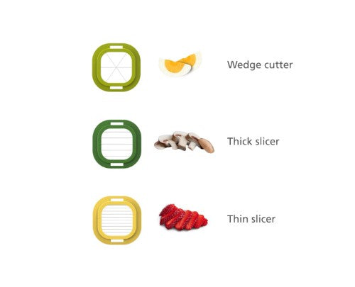 Compact kitchen gadget featuring three interchangeable slicers for uniform cuts of eggs, fruits, and mushrooms on a non-slip base.