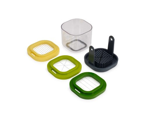 Compact Multi-Prep Mini slicer with three color-coded wire cutters for uniform slices of eggs, fruits, and mushrooms.