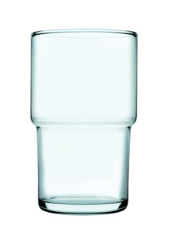 Set of 4 turquoise glasses made from 100% recycled glass, stackable and dishwasher-safe for eco-friendly dining.