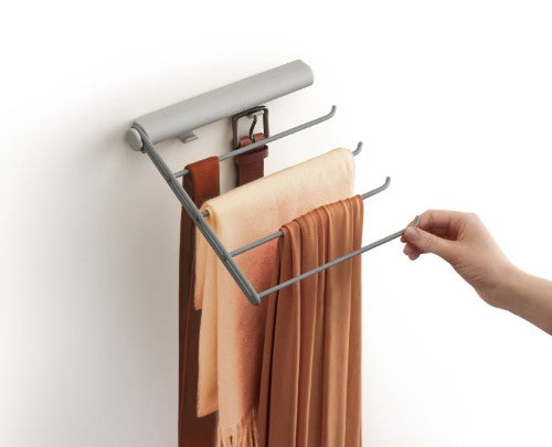 Orderly Belt, Tie & Scarf Rail by Joseph Joseph, featuring four rails and two hooks for organized accessory storage.