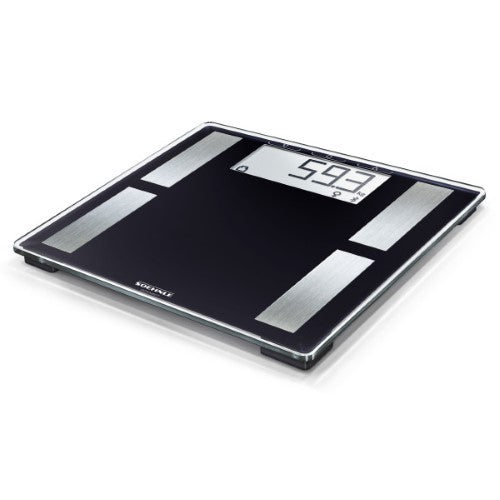 Smart scale with Bluetooth for body analysis, featuring a large LCD screen, user recognition, and precise weight measurements.