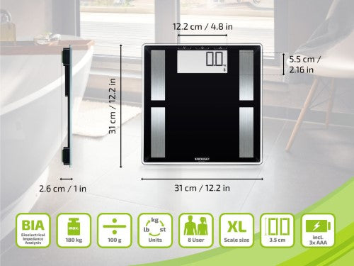 Smart scale with Bluetooth, large LCD, tracks body fat, water, muscle, and supports up to 8 users up to 180 kg.