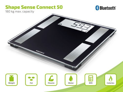 Body analysis scale with Bluetooth, large LCD, measuring body fat, muscle content, and tracking up to 8 users automatically.