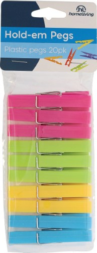 Colorful 20 pack of durable Homeliving plastic pegs for laundry, UV stabilized for indoor and outdoor use.