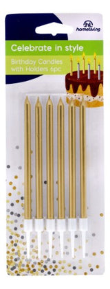Elegant pack of six silver and gold birthday candles with holders, perfect for adding luxury to any celebration.