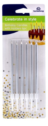 Elegantly designed silver and gold birthday cake candles with holders, perfect for adding luxury to any celebration.